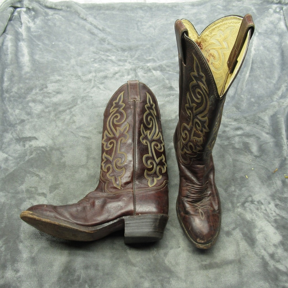 Justin Mens 9D Western Boots Brown Embroider Leather Cowboy Riding 1488 VTG USA